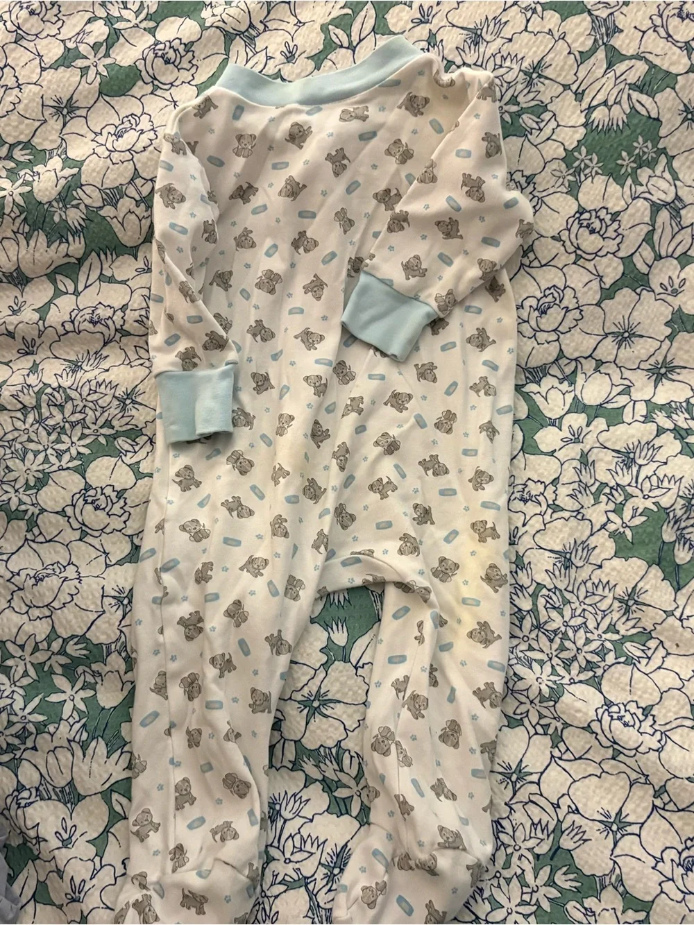 Magnolia Baby White Sleep Zip Romper with Light Blue Trim puppy 6 months